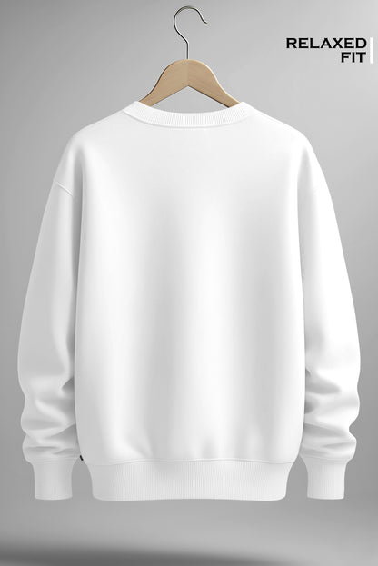 Back view of a white relaxed fit crewneck sweatshirt on a hanger