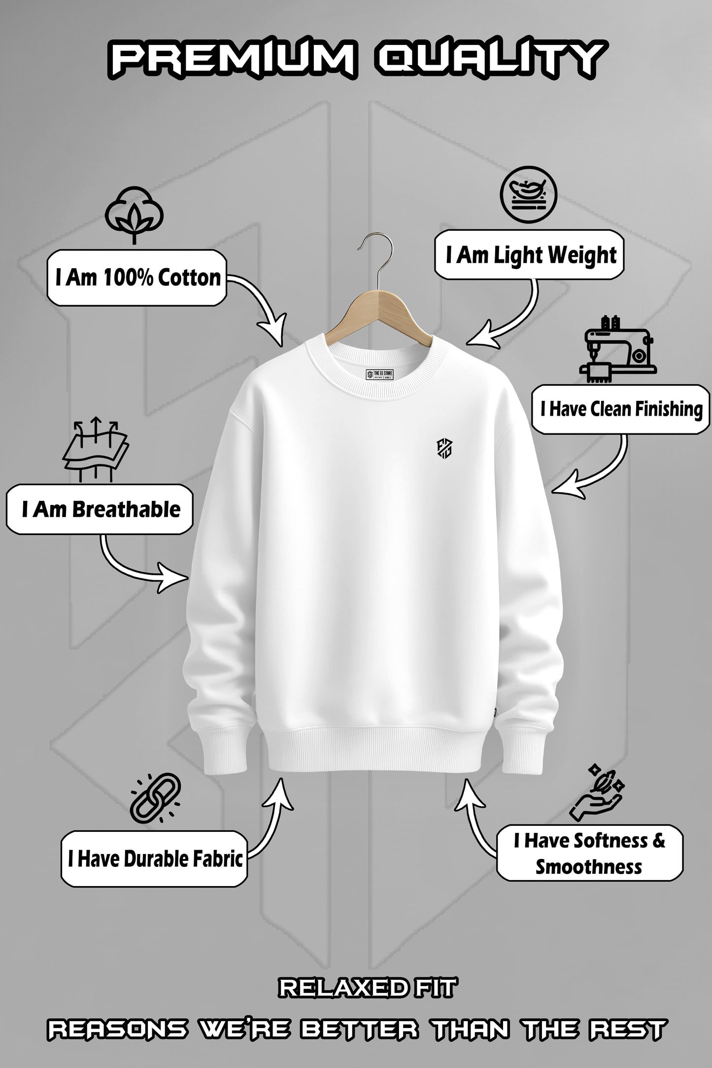 White cotton sweatshirt on hanger, showcases breathable, durable, lightweight, soft, smooth fabric, clean finishing, relaxed fit.