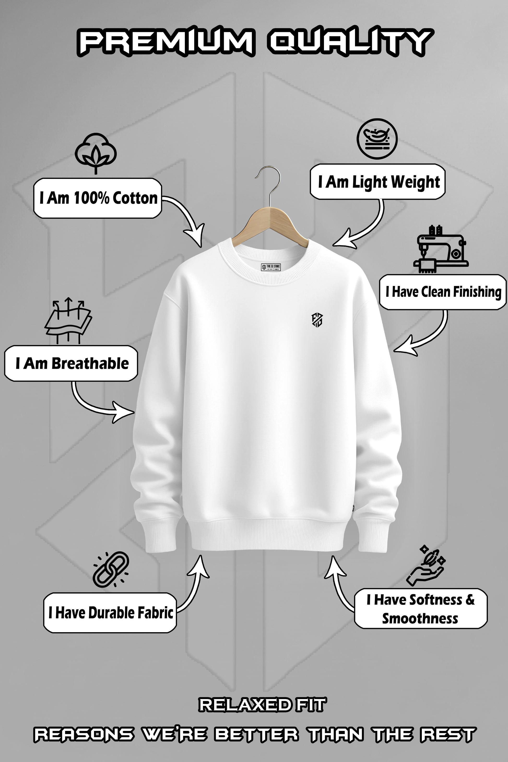 White cotton sweatshirt on hanger, showcases breathable, durable, lightweight, soft, smooth fabric, clean finishing, relaxed fit.