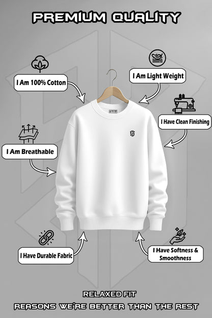 White cotton sweatshirt on hanger, showcases breathable, durable, lightweight, soft, smooth fabric, clean finishing, relaxed fit.