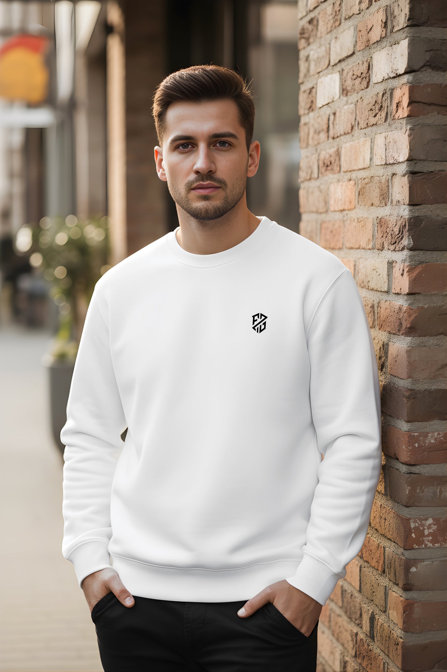 Man wearing a white crewneck sweatshirt with small black geometric logo, urban background