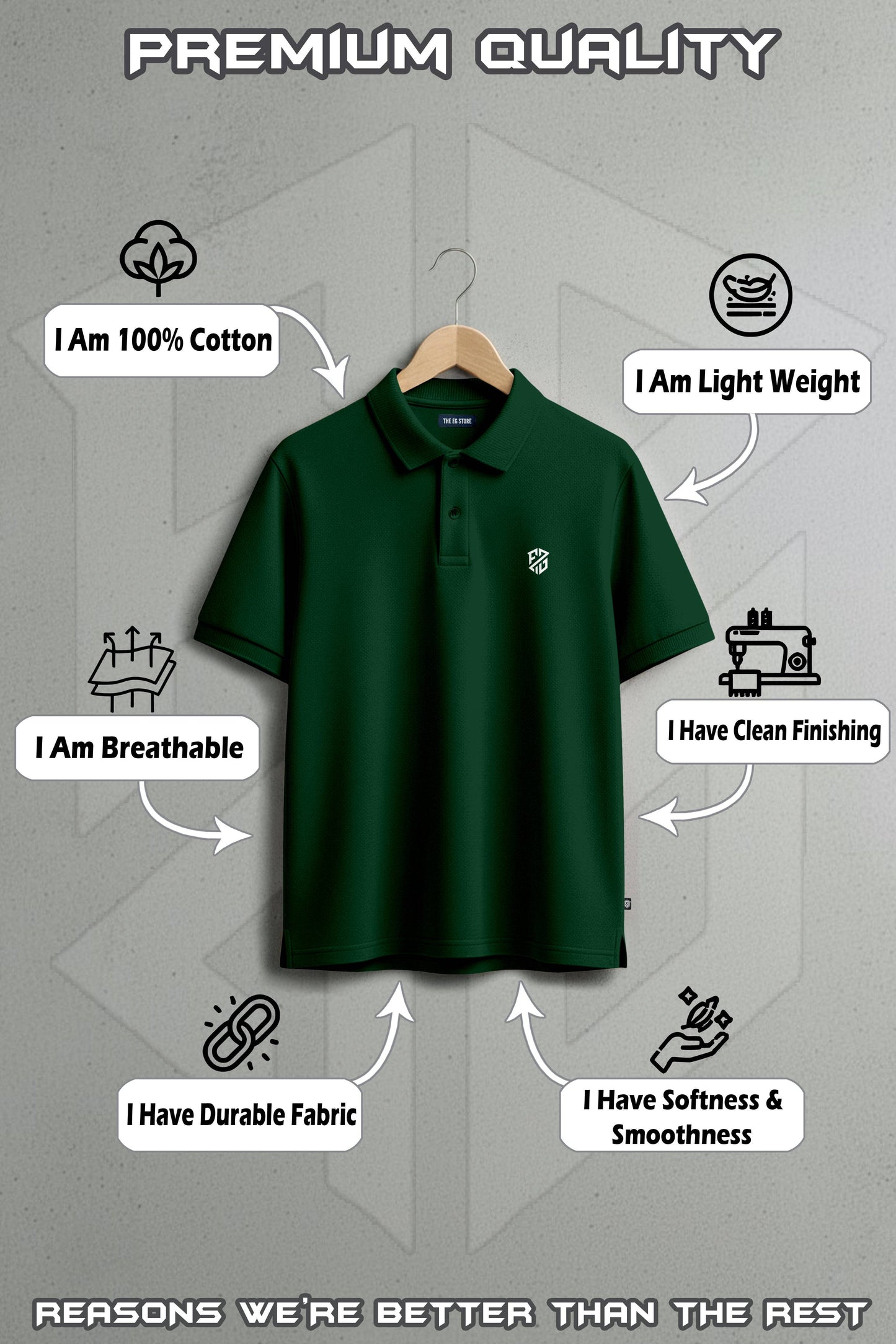 Green cotton polo shirt on hanger, showcasing breathable, lightweight, durable, and soft fabric.
