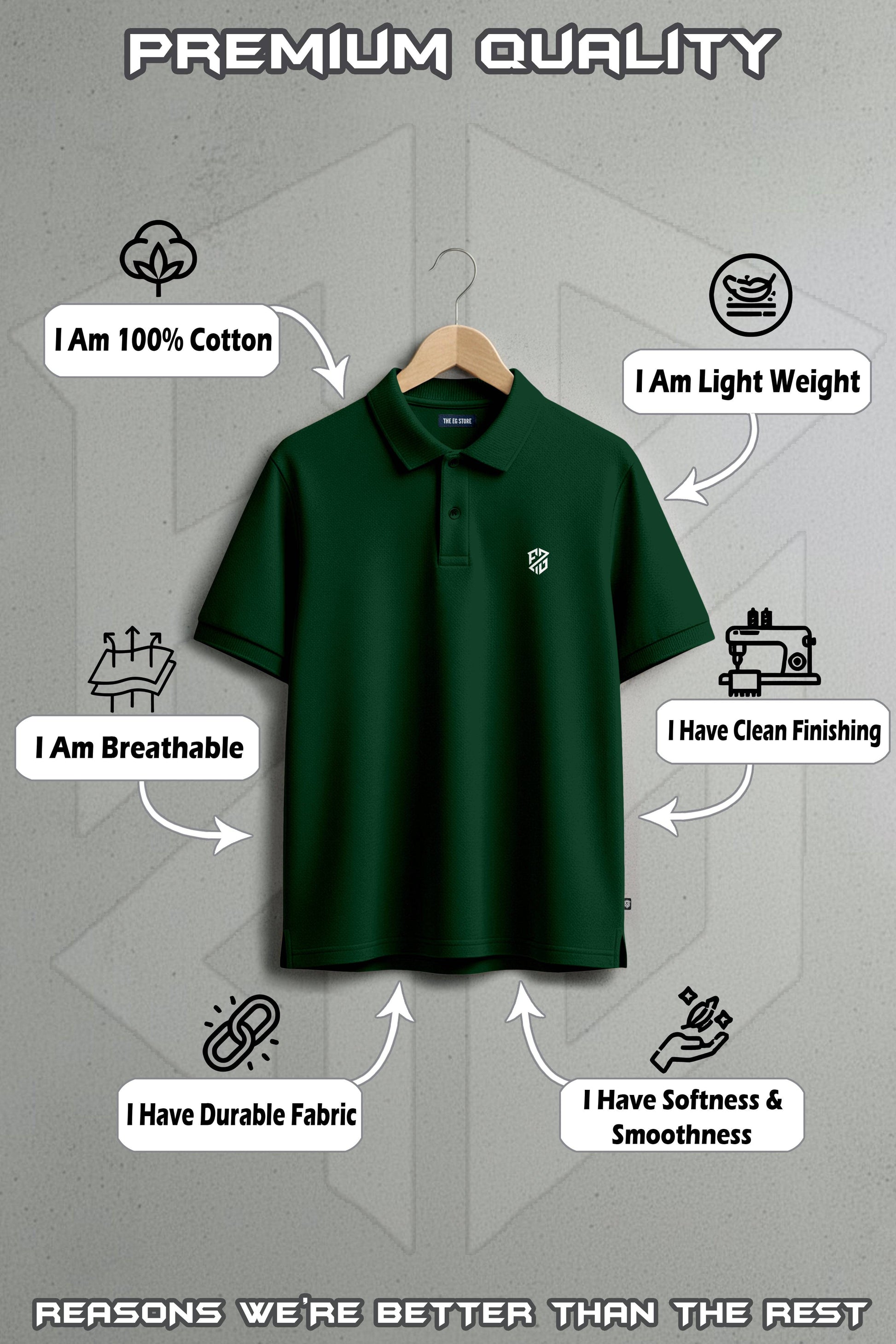 Green cotton polo shirt on hanger, showcasing breathable, lightweight, durable, and soft fabric.
