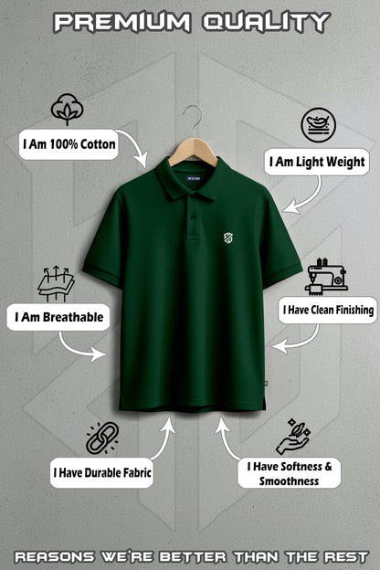 Green cotton polo shirt on hanger, showcasing breathable, lightweight, durable, and soft fabric.