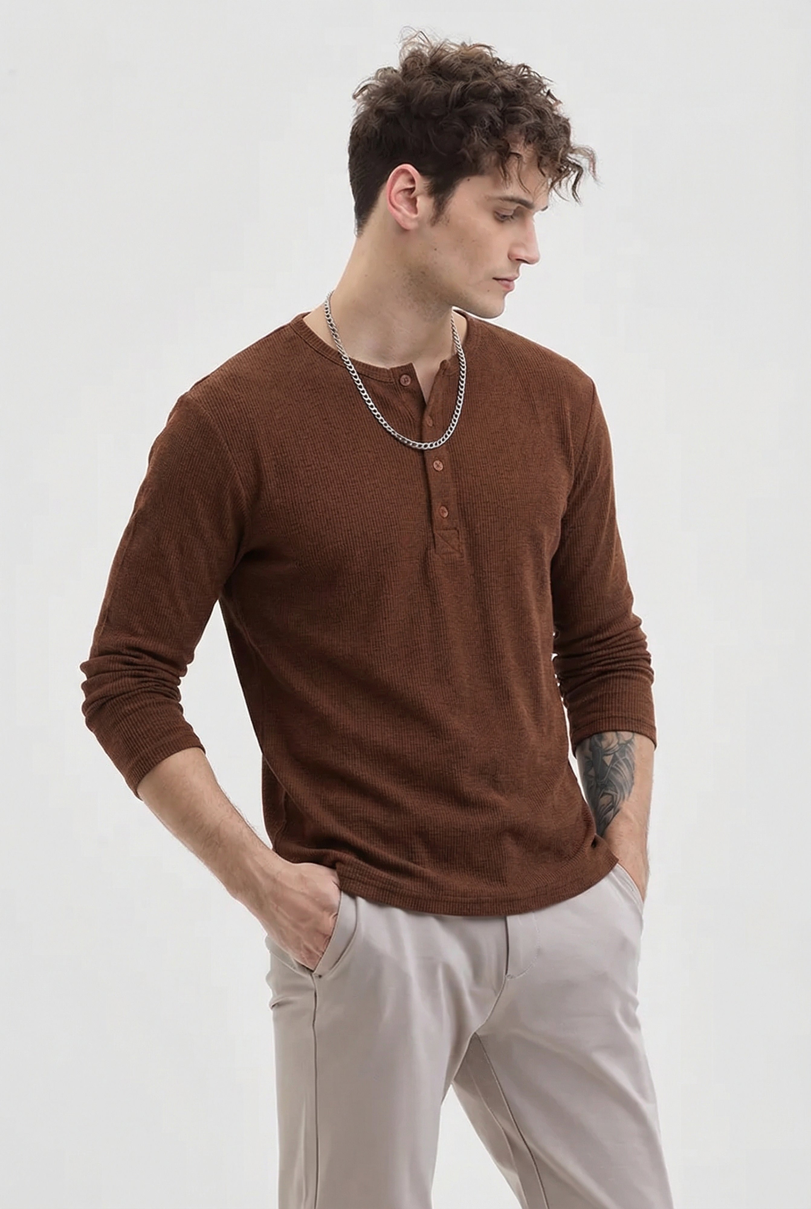 Men's Brown Waffle Knit Henley – Long Sleeve Thermal Slim Fit Top