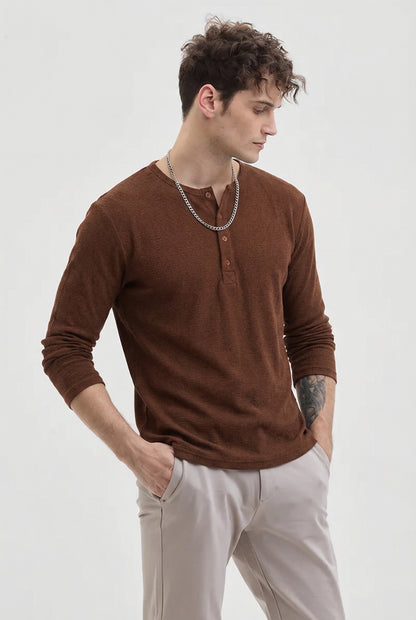 Men's Brown Waffle Knit Henley – Long Sleeve Thermal Slim Fit Top