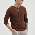 Men's Brown Waffle Knit Henley – Long Sleeve Thermal Slim Fit Top