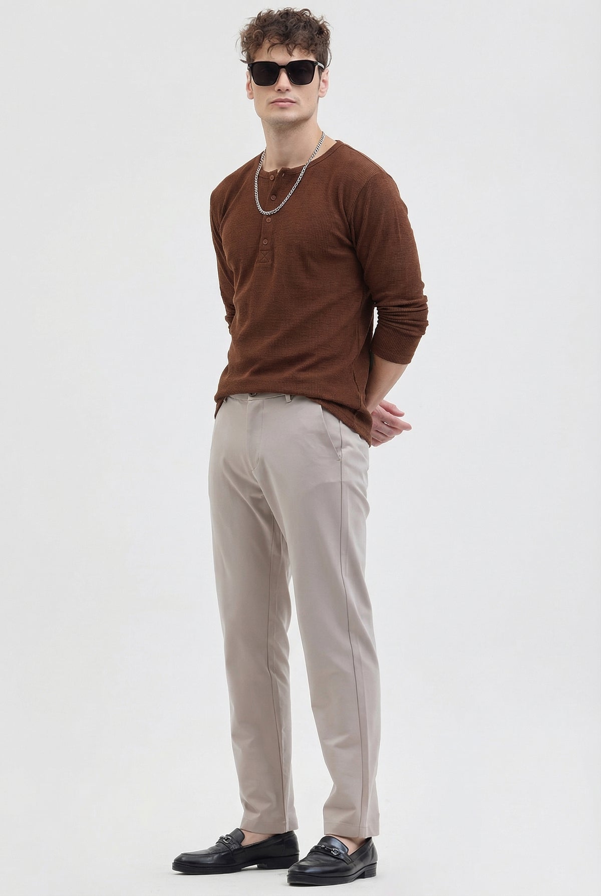 Men's Brown Waffle Knit Henley – Long Sleeve Thermal Slim Fit Top - Hover Image