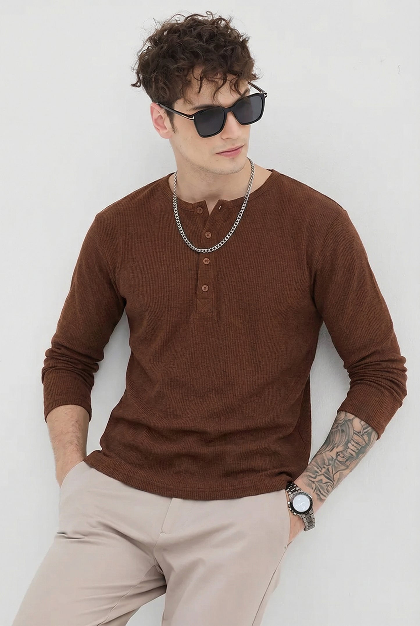 Men's Brown Waffle Knit Henley – Long Sleeve Thermal Slim Fit Top