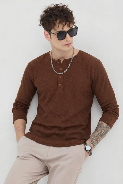 Men's Brown Waffle Knit Henley – Long Sleeve Thermal Slim Fit Top