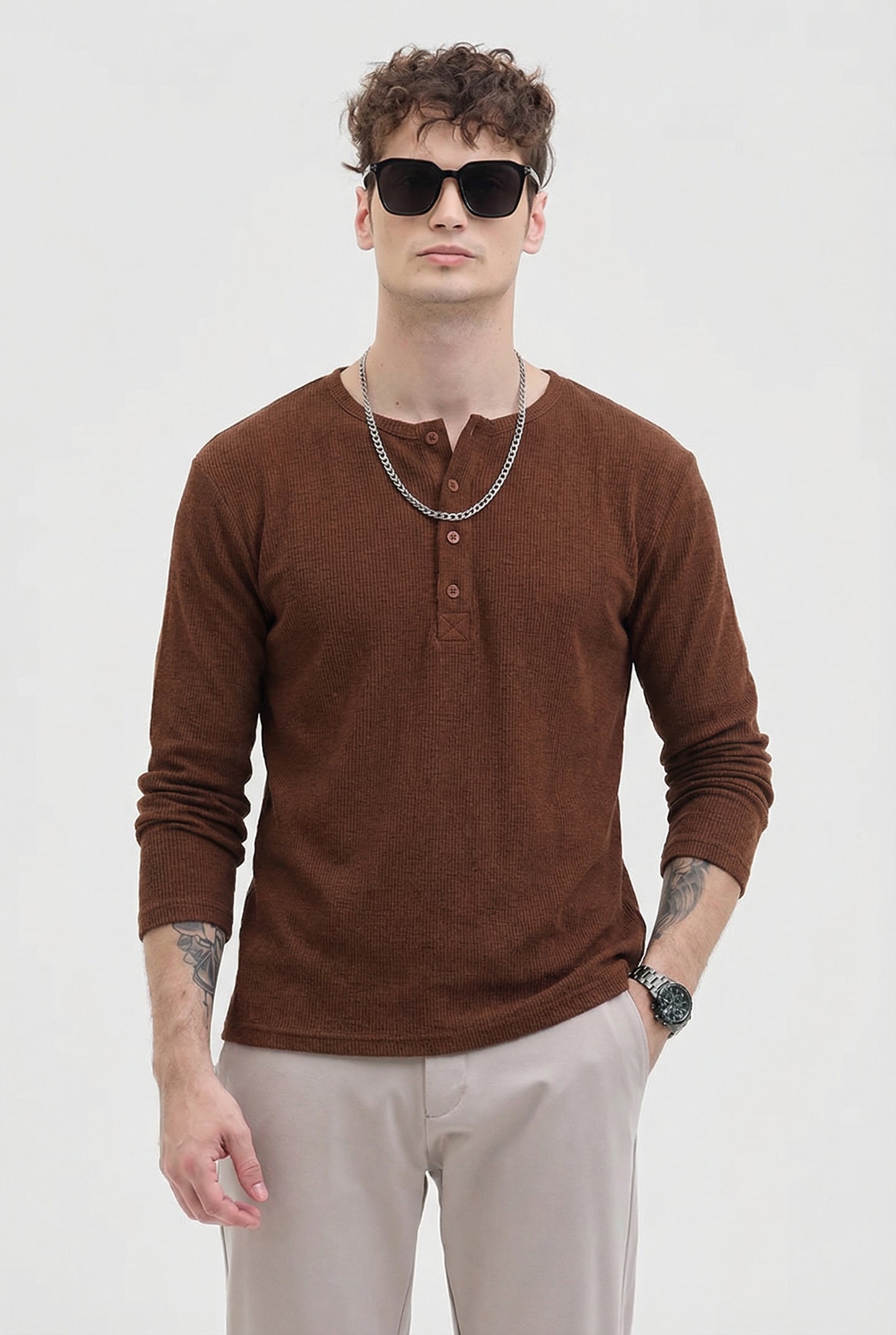 Men's Brown Waffle Knit Henley – Long Sleeve Thermal Slim Fit Top