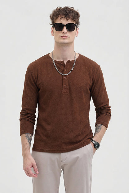 Men's Brown Waffle Knit Henley – Long Sleeve Thermal Slim Fit Top