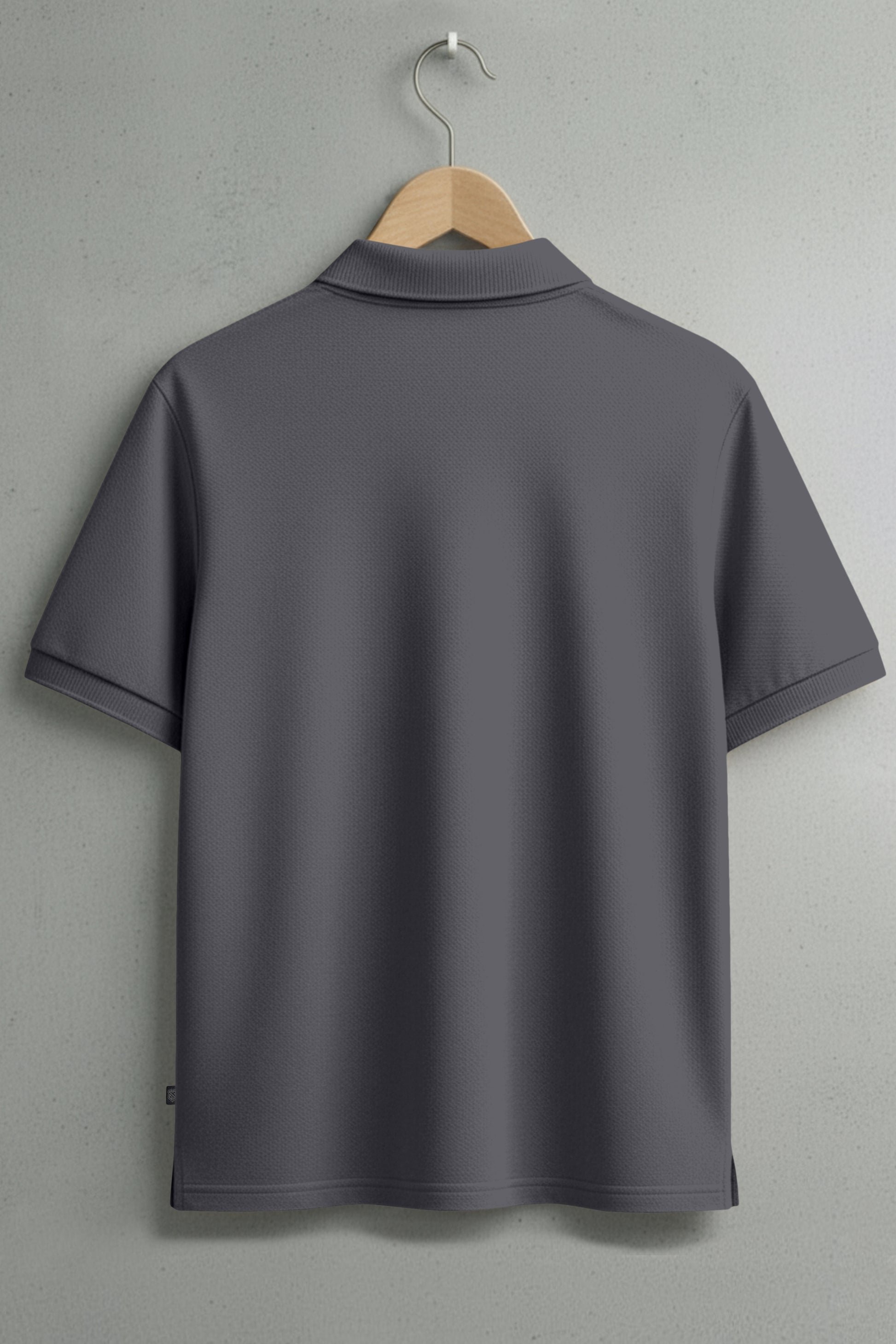 Plain dark gray short sleeve polo shirt on hanger, back view
