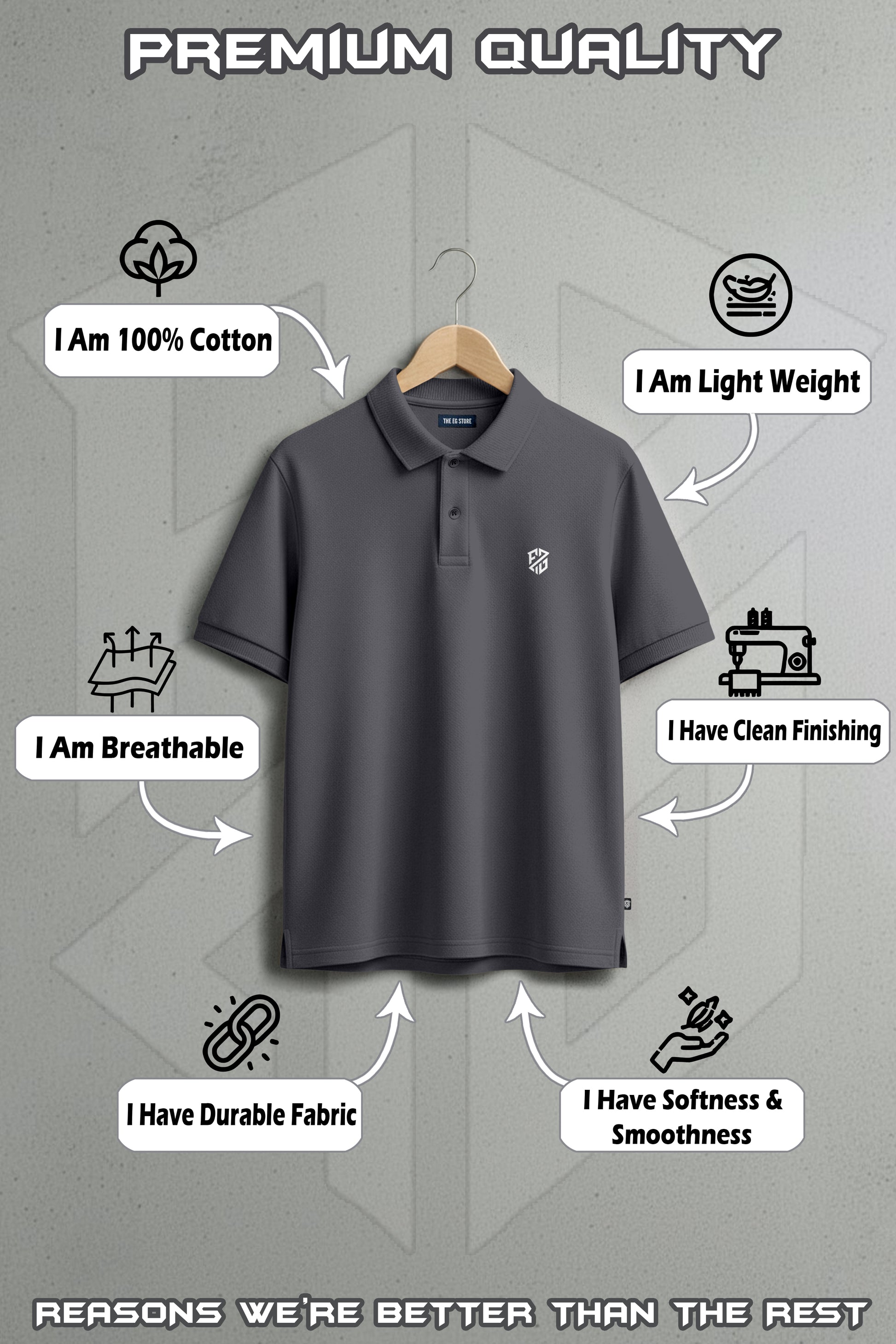 Dark grey cotton polo shirt on hanger with labels for breathable, lightweight, durable, soft fabric.