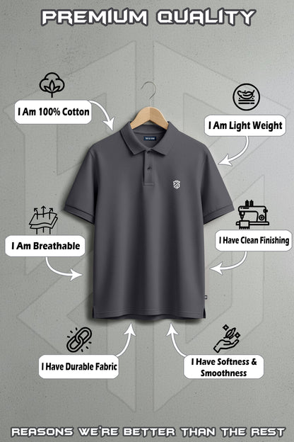 Dark grey cotton polo shirt on hanger with labels for breathable, lightweight, durable, soft fabric.