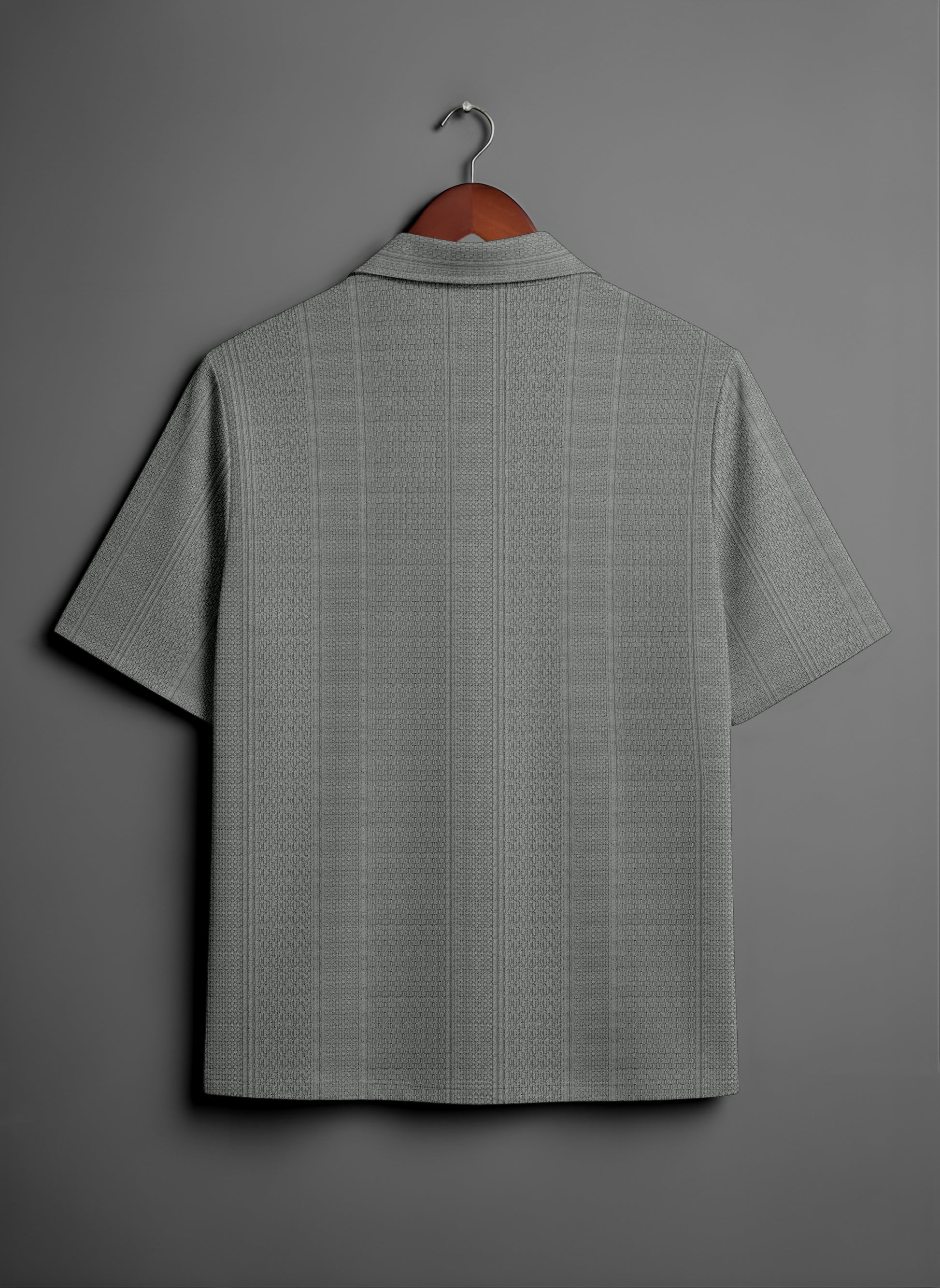Grey short-sleeve textured shirt with subtle vertical stripes, back view on hanger