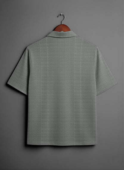 Grey short-sleeve textured shirt with subtle vertical stripes, back view on hanger