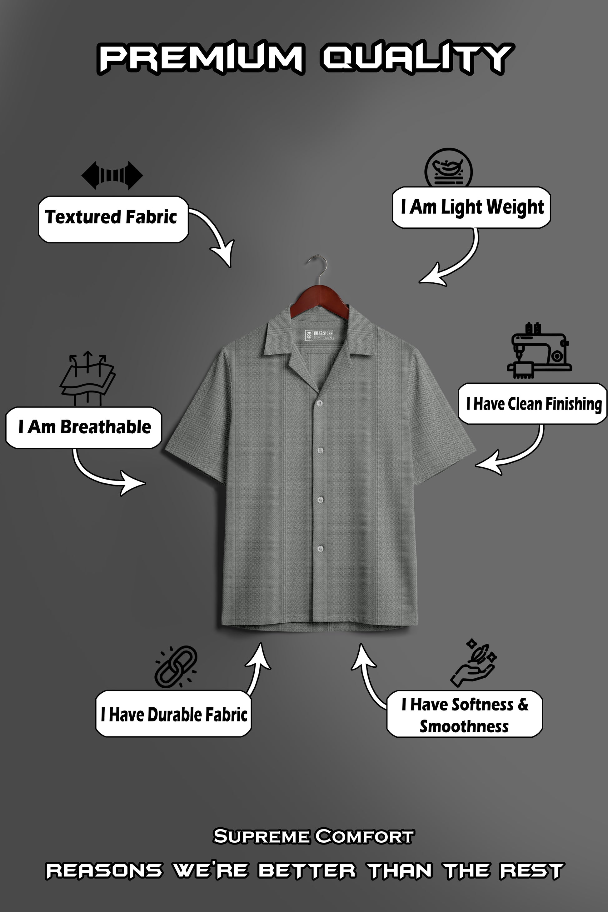 Grey short-sleeve textured fabric shirt on hanger, highlighting breathable, lightweight, durable, soft, smooth, and clean finishing features.