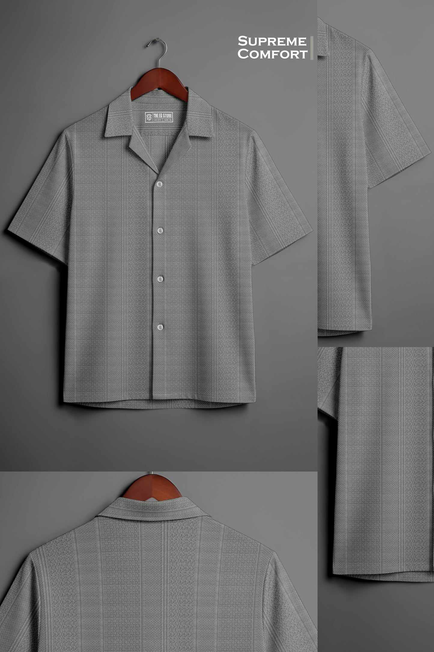 Short sleeve gray patterned button-up shirt on hanger, labeled 'supreme comfort'.