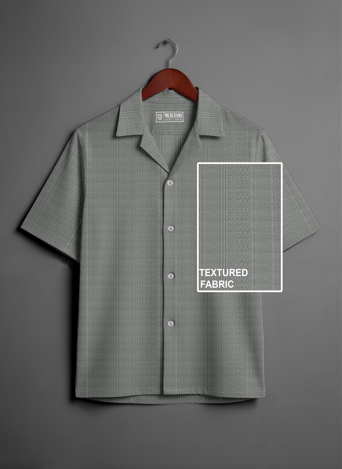 Short sleeve grey textured fabric shirt on hanger, button-down, spread collar