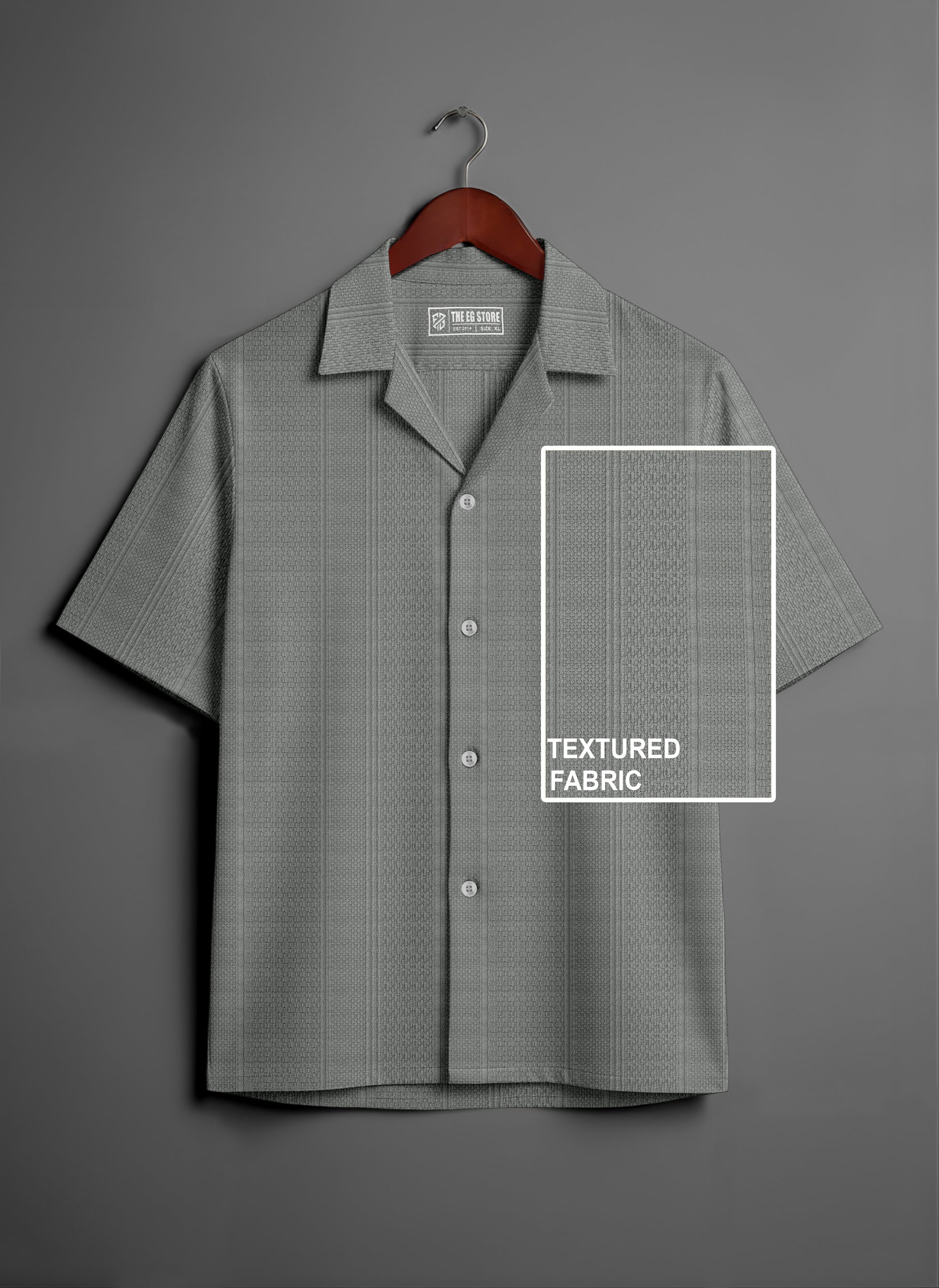 Short sleeve grey textured fabric shirt on hanger, button-down, spread collar