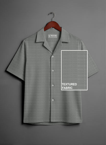 Short sleeve grey textured fabric shirt on hanger, button-down, spread collar