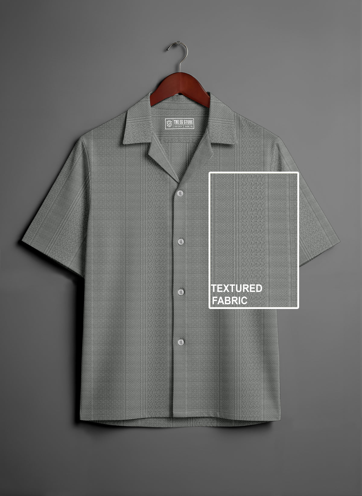 Short sleeve grey textured fabric shirt on hanger, button-down, spread collar