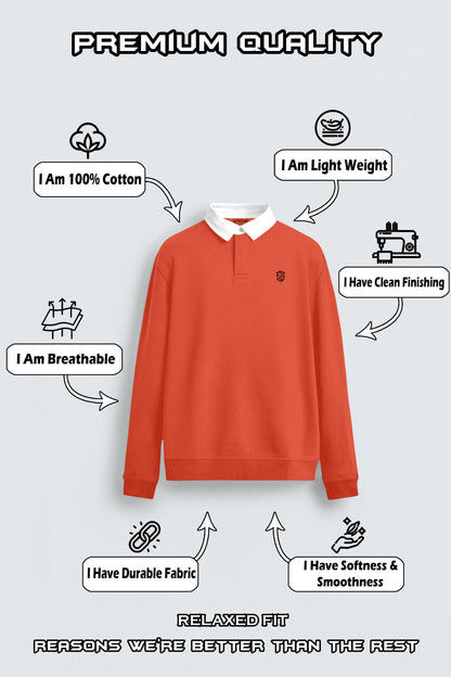 Red cotton relaxed fit pullover with white collar, lightweight, durable, breathable, clean finish.