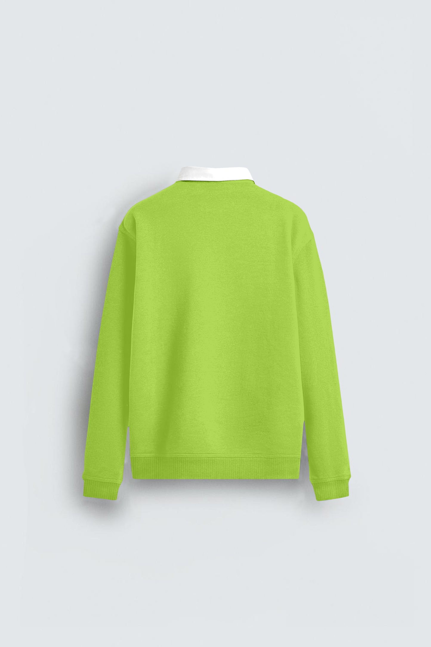 Back view of lime green long sleeve sweater with white collar on light background