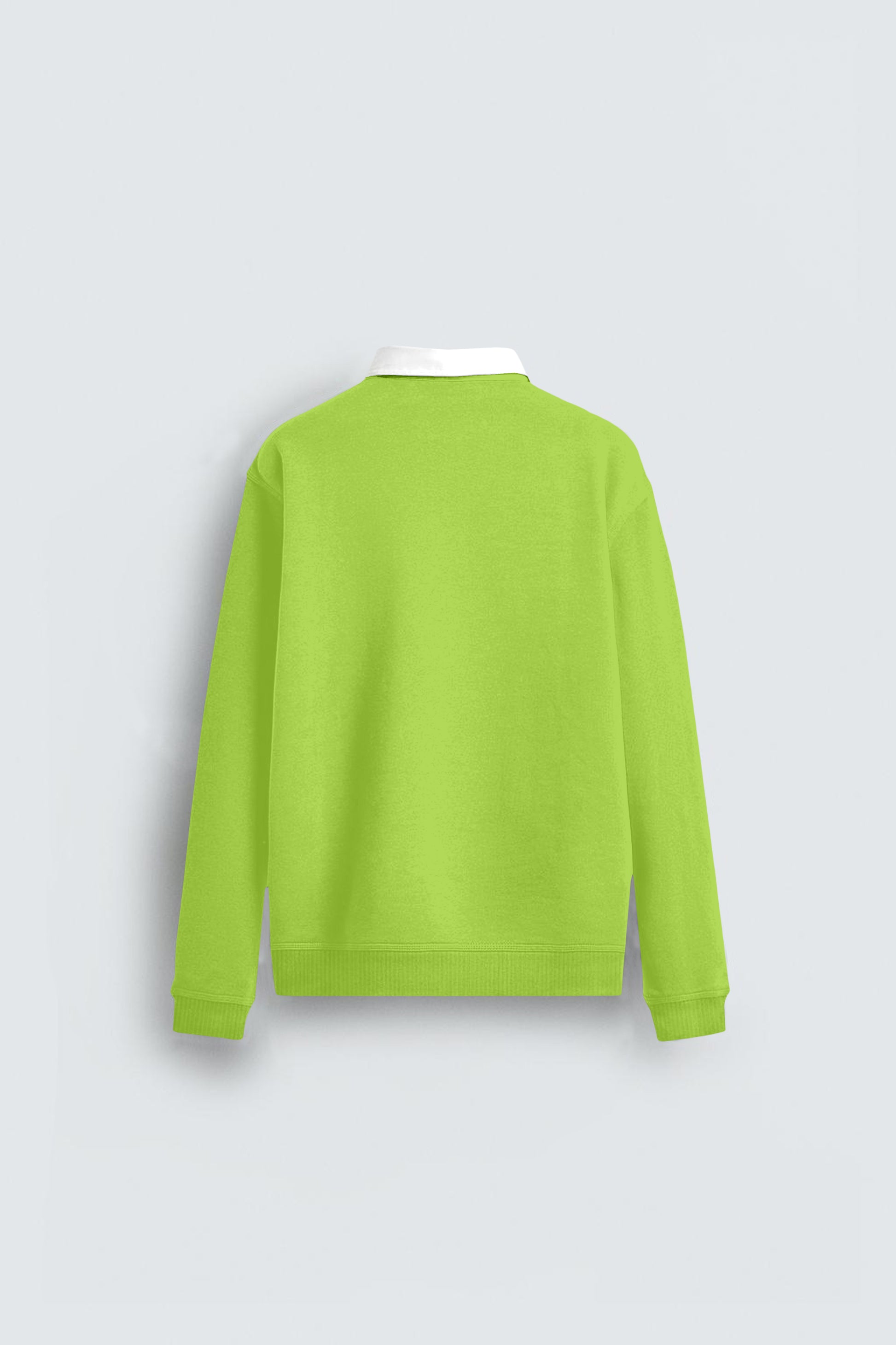 Back view of lime green long sleeve sweater with white collar on light background