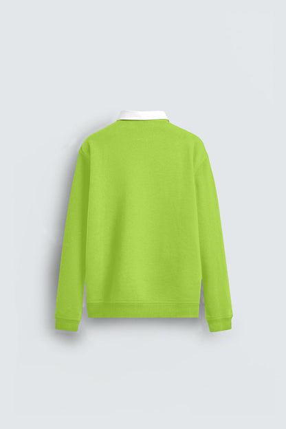 Back view of lime green long sleeve sweater with white collar on light background