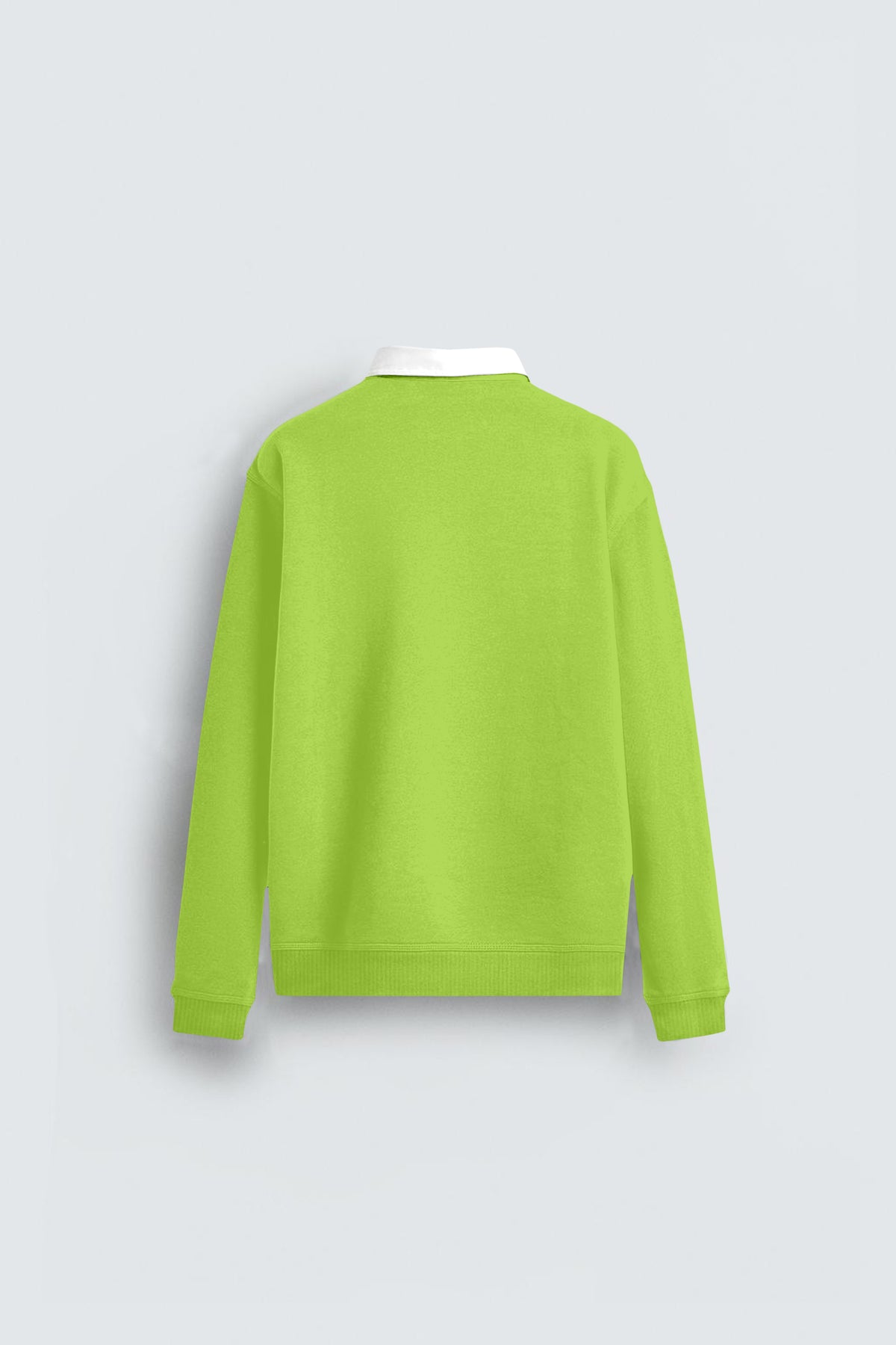 Back view of lime green long sleeve sweater with white collar on light background