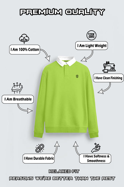 Light green cotton polo sweatshirt with white collar, breathable, durable, lightweight, relaxed fit.