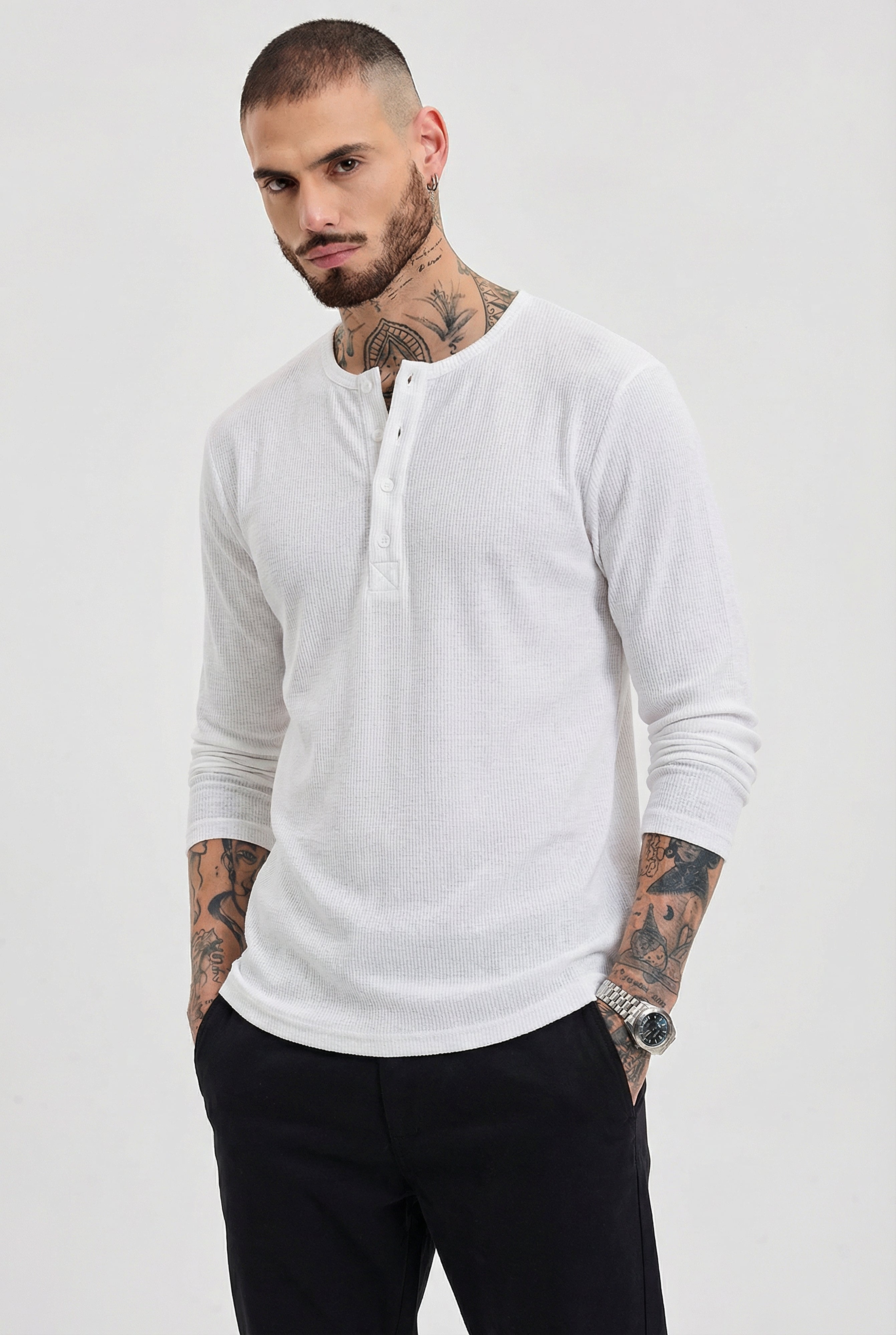 Men's Heather Grey Waffle Knit Henley – Classic Long Sleeve Thermal