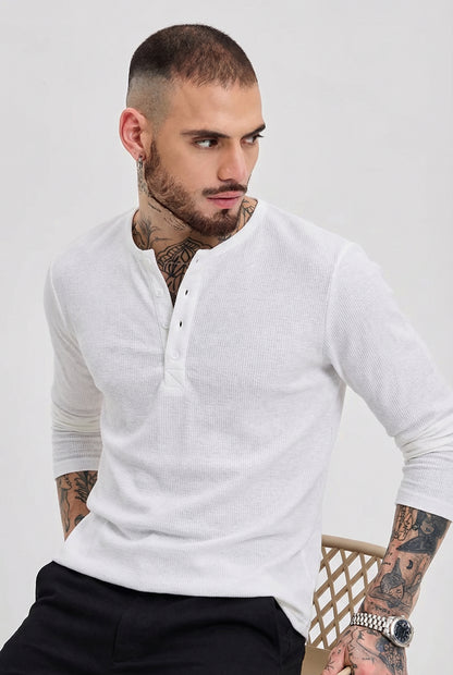 Men's Heather Grey Waffle Knit Henley – Classic Long Sleeve Thermal
