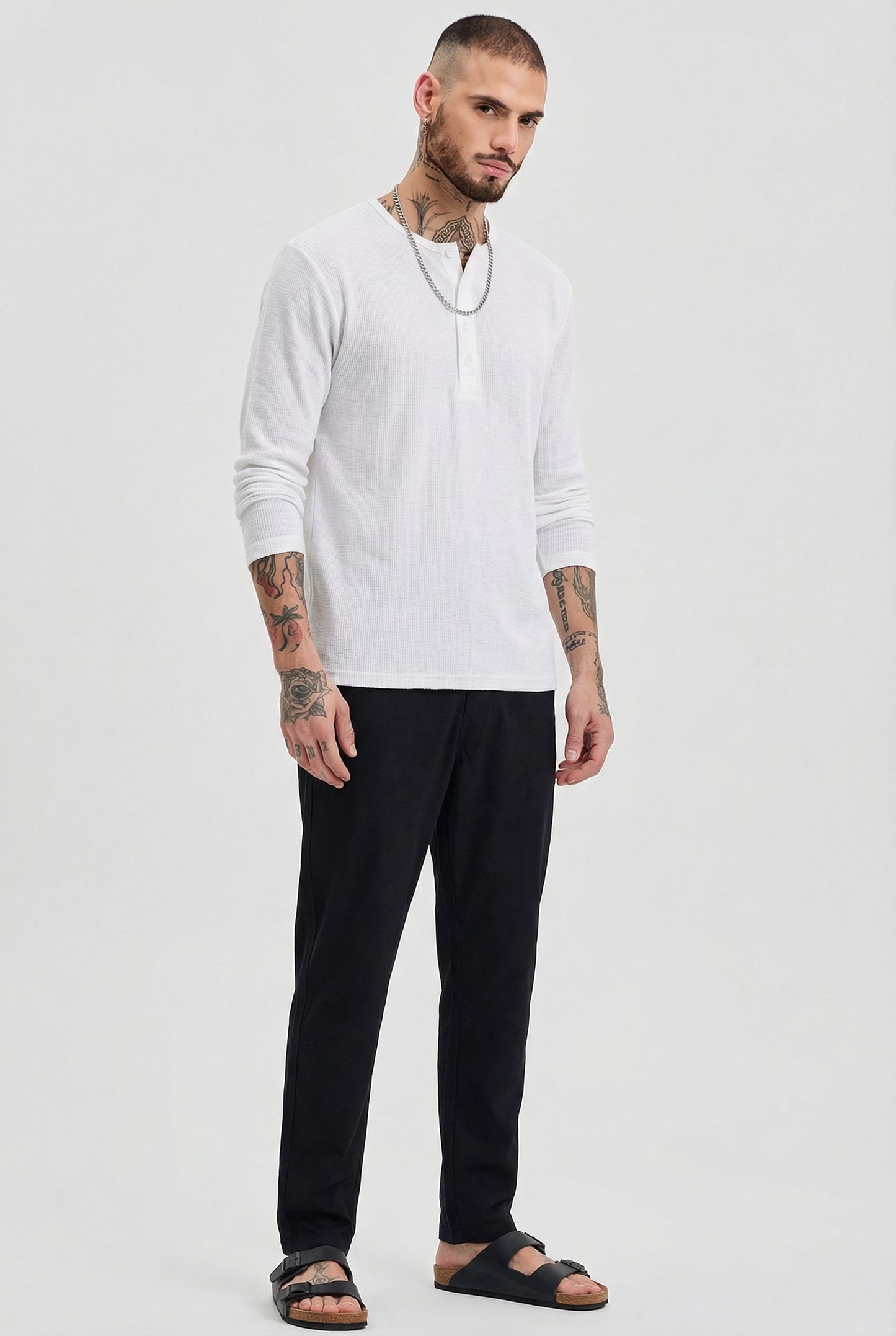 Men's Heather Grey Waffle Knit Henley – Classic Long Sleeve Thermal
