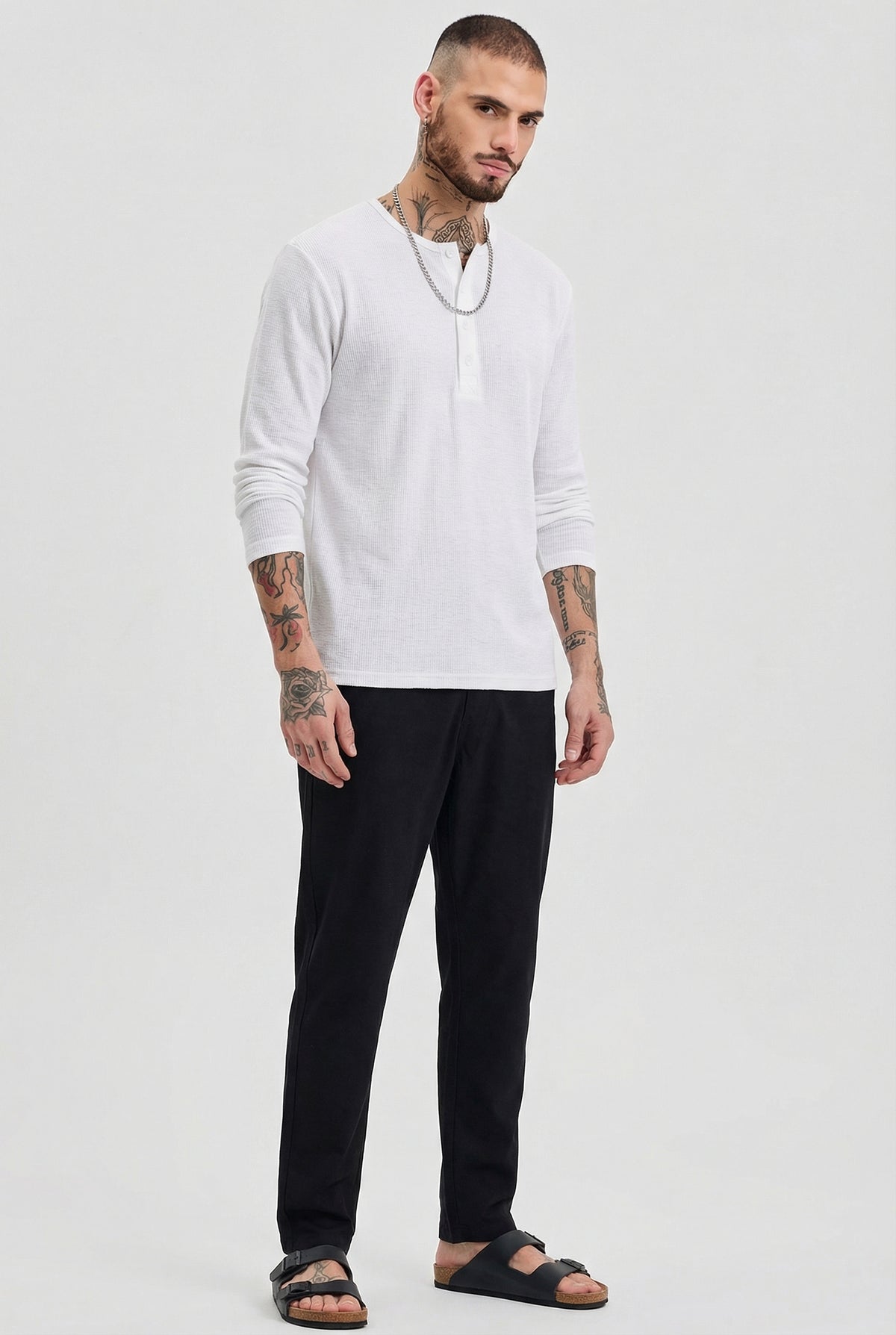 Men's Heather Grey Waffle Knit Henley – Classic Long Sleeve Thermal