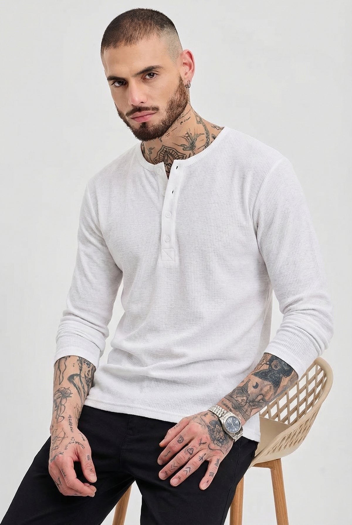 Men's Heather Grey Waffle Knit Henley – Classic Long Sleeve Thermal