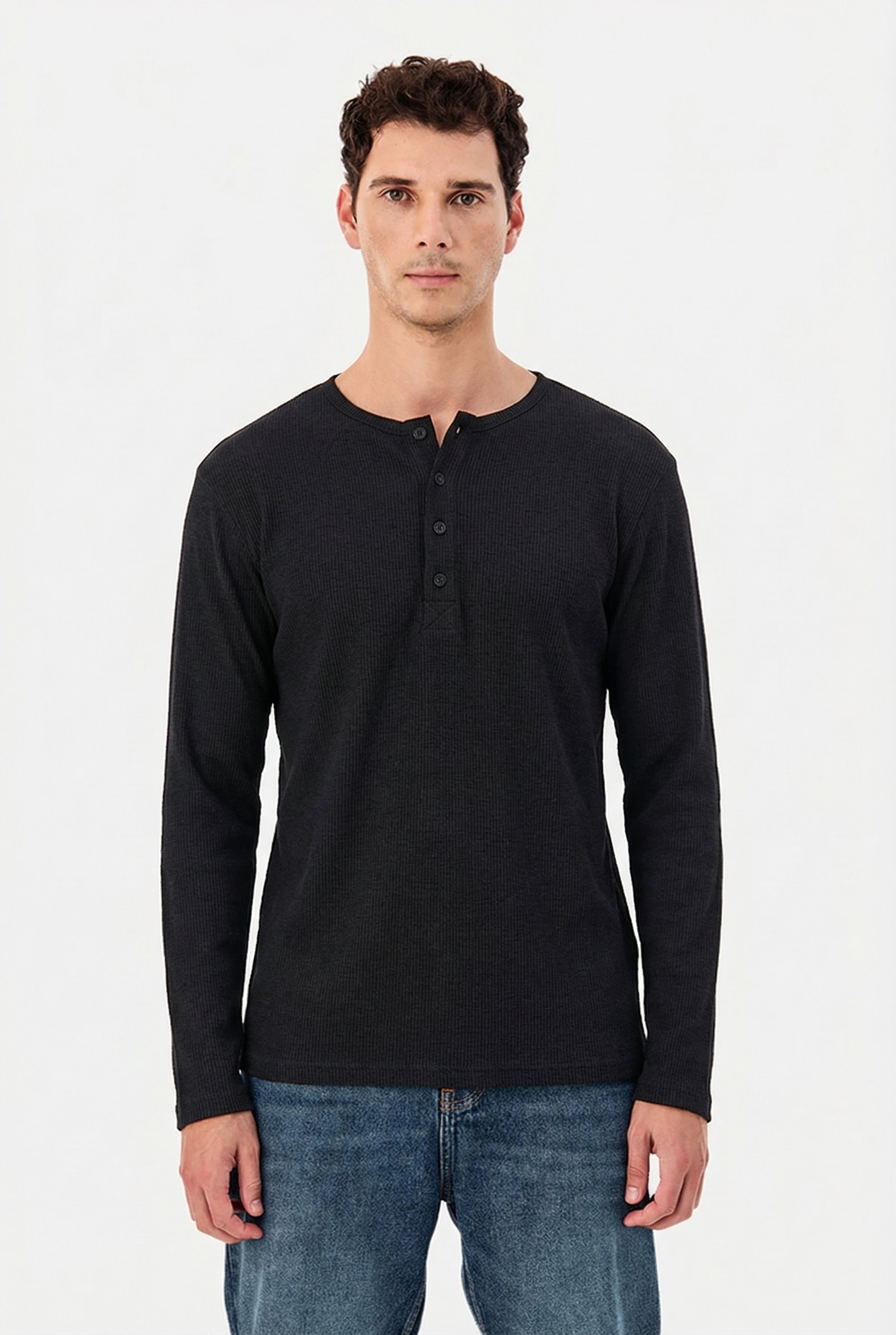Men's Jet Black Waffle Knit Henley – Long Sleeve Slim Fit Thermal Top