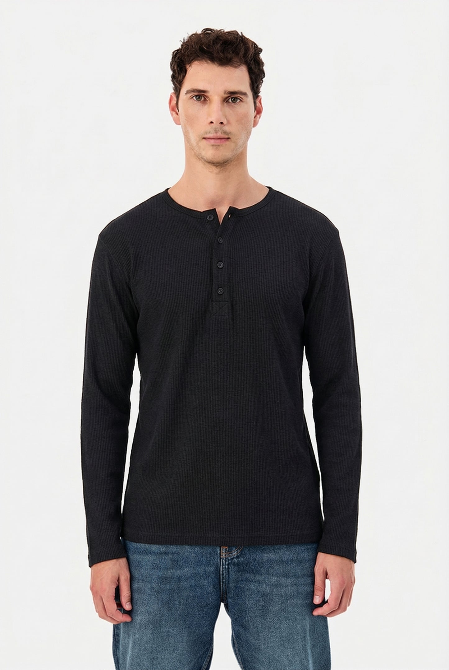 Men's Jet Black Waffle Knit Henley – Long Sleeve Slim Fit Thermal Top