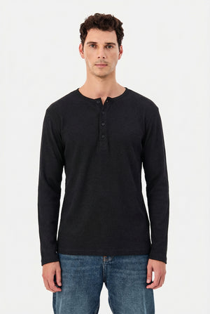 Men's Jet Black Waffle Knit Henley – Long Sleeve Slim Fit Thermal Top