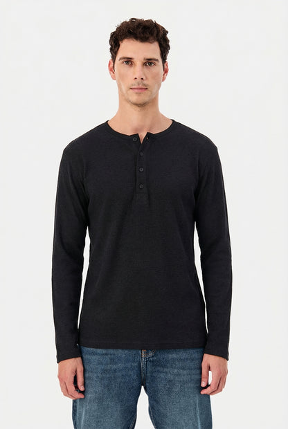 Men's Jet Black Waffle Knit Henley – Long Sleeve Slim Fit Thermal Top