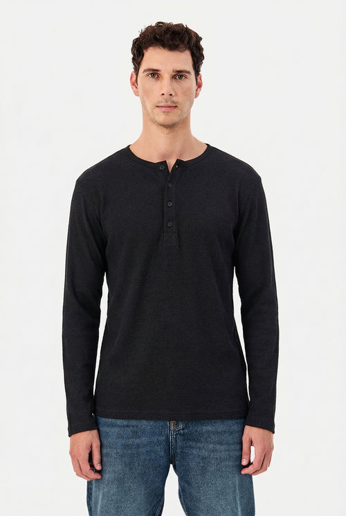 Men's Jet Black Waffle Knit Henley – Long Sleeve Slim Fit Thermal Top