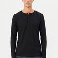 Men's Jet Black Waffle Knit Henley – Long Sleeve Slim Fit Thermal Top