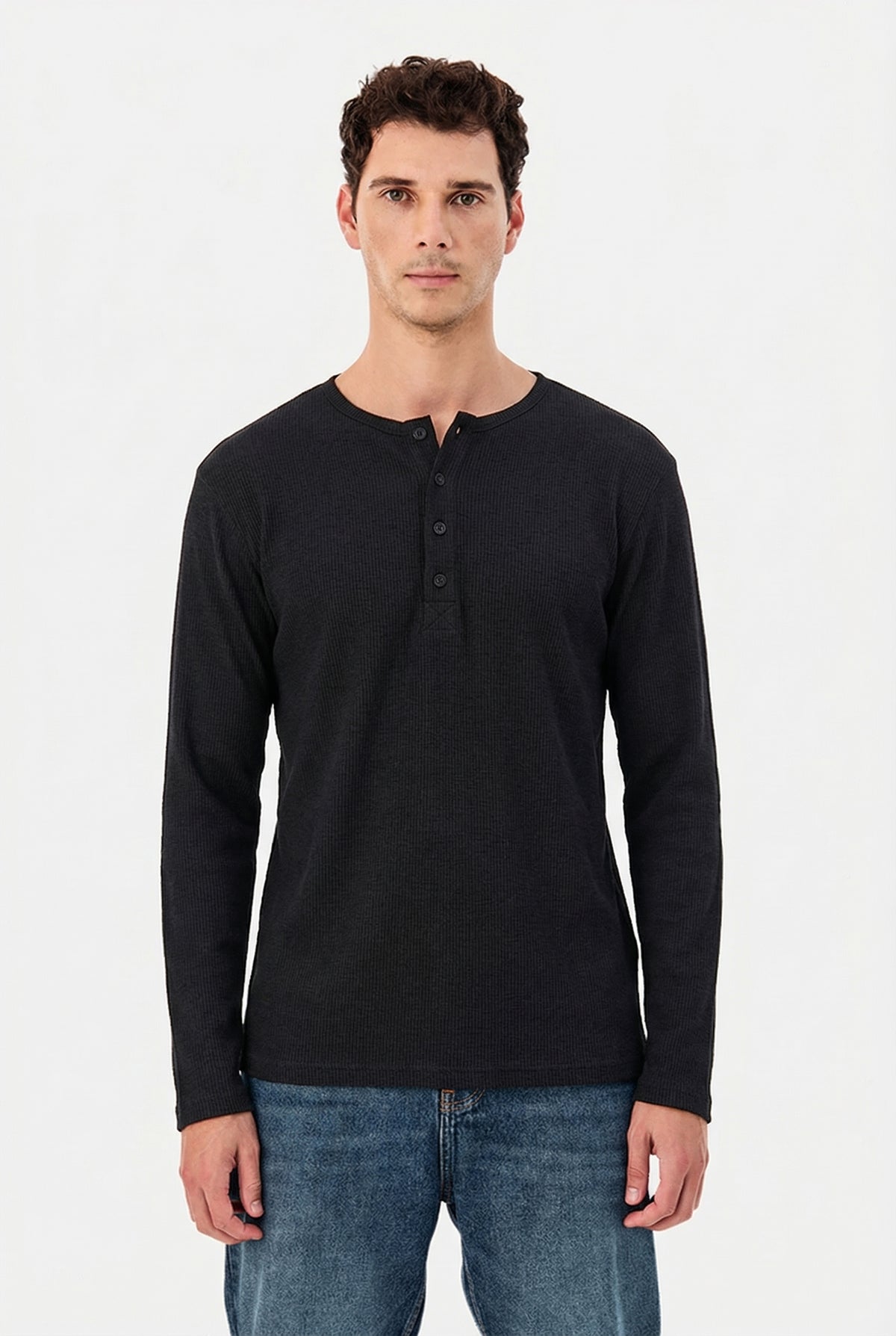 Men's Jet Black Waffle Knit Henley – Long Sleeve Slim Fit Thermal Top
