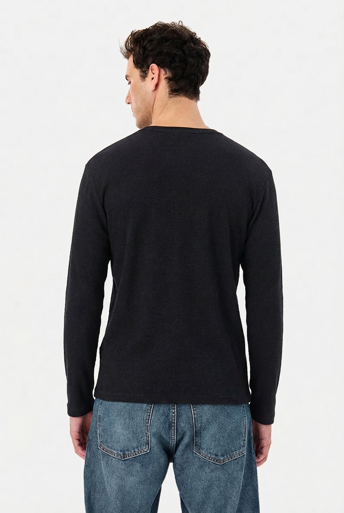Men's Jet Black Waffle Knit Henley – Long Sleeve Slim Fit Thermal Top - Hover Image