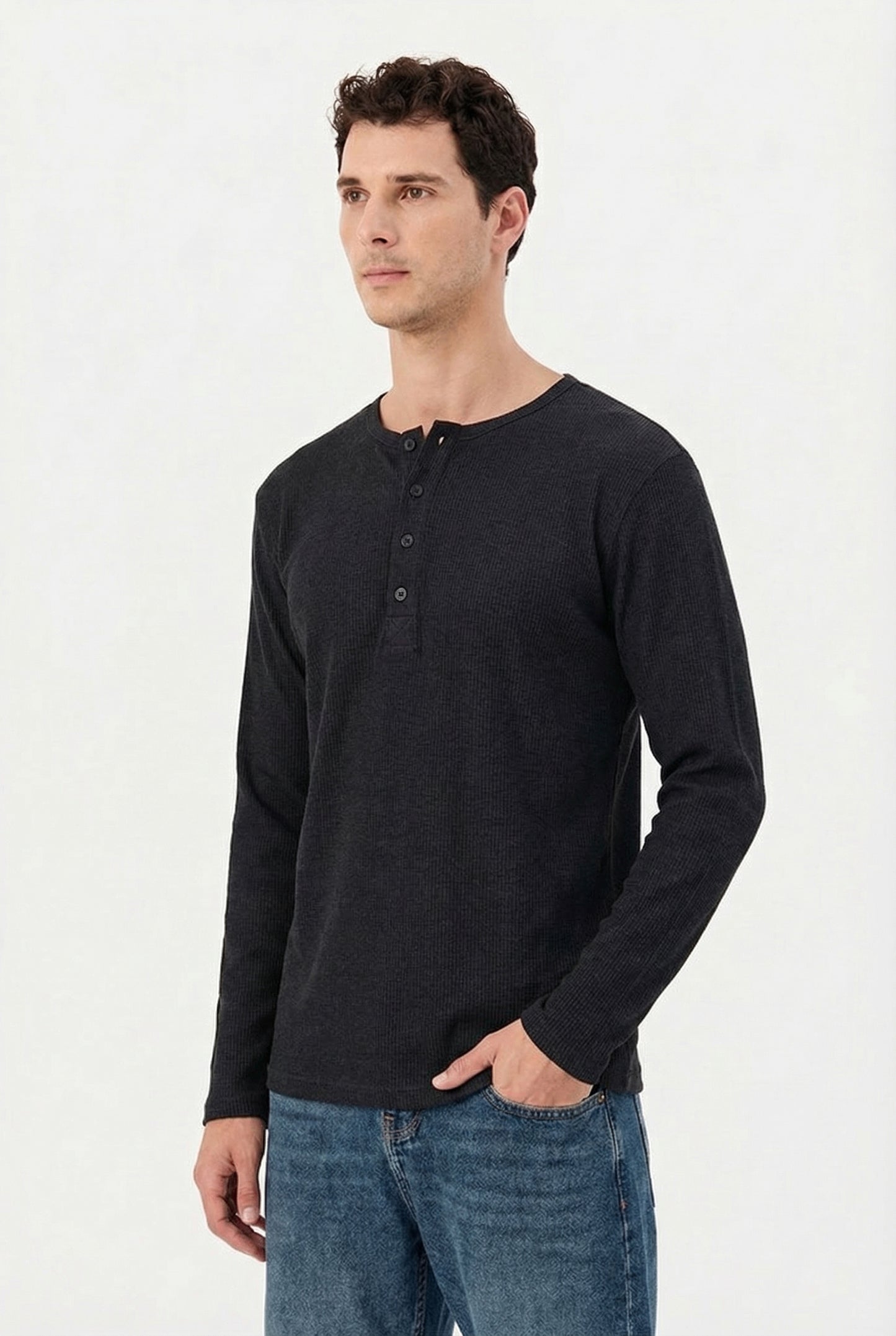 Men's Jet Black Waffle Knit Henley – Long Sleeve Slim Fit Thermal Top