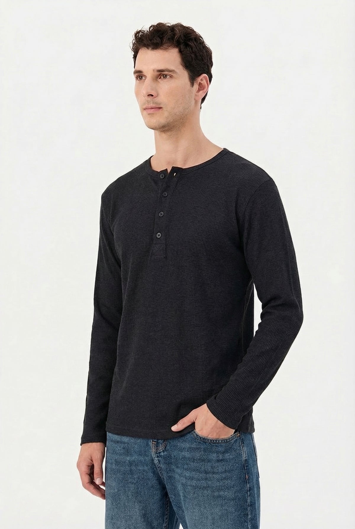 Men's Jet Black Waffle Knit Henley – Long Sleeve Slim Fit Thermal Top