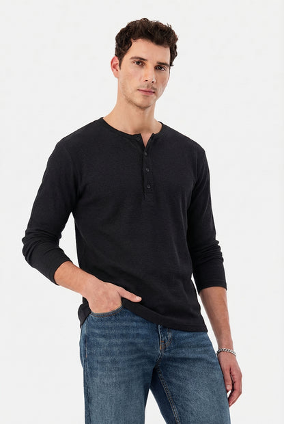 Men's Jet Black Waffle Knit Henley – Long Sleeve Slim Fit Thermal Top