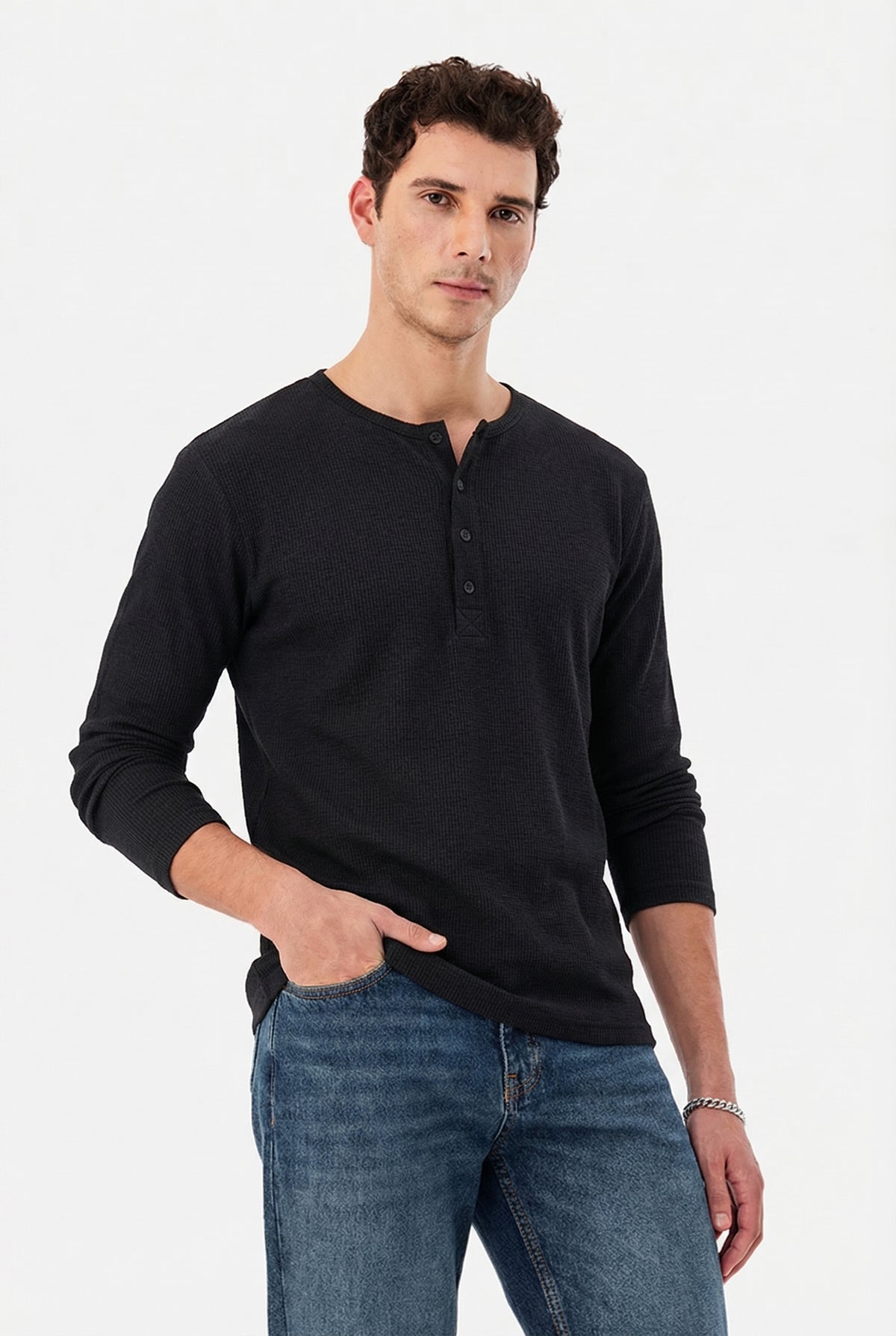 Men's Jet Black Waffle Knit Henley – Long Sleeve Slim Fit Thermal Top